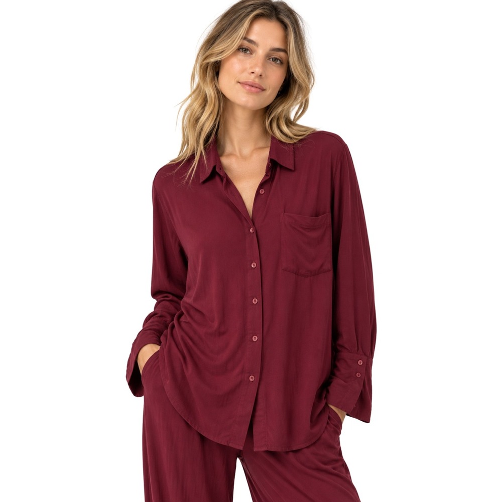 Cuyana Top Womens Medium Red Pima Cotton Modal Knit Pajama Shirt Loungewear
